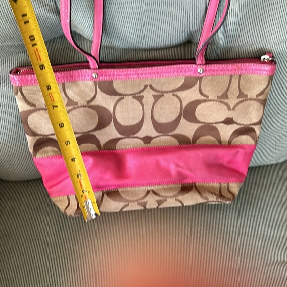 Coach Tan Purse with Pink Leather Straps. Pink stripe accent. - Picture 3 of 12